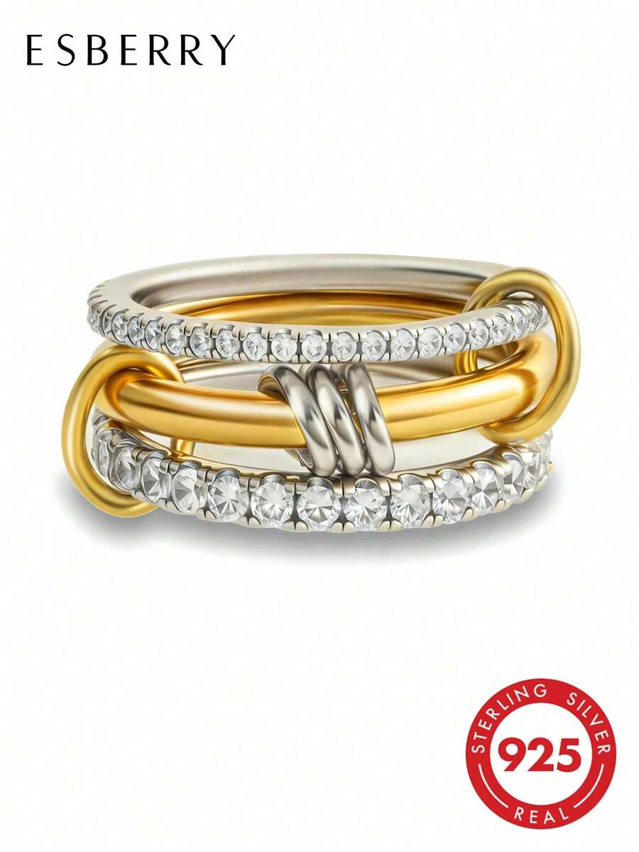 ESBERRY 1pc S925 Sterling Silver Fashion Luxury Versatile Triple Interlocking Ring Set, Inlaid With Sparkling Cubic Zirconia, Suitable For Women's Daily And Party Wear, High-Quality Jewelry Gift