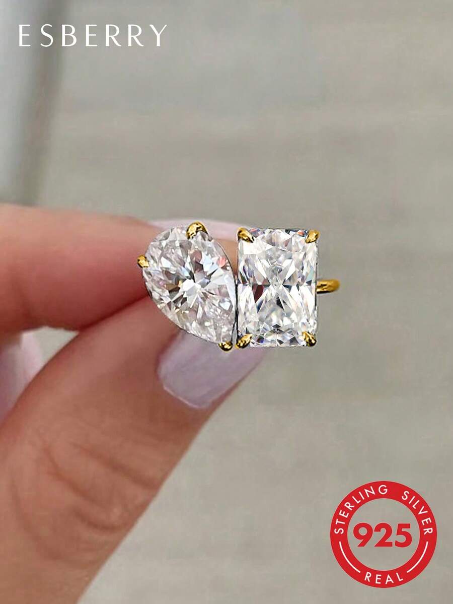 ESBERRY 1枚925纯银个性化时尚不规则立方氧化锆戒指，女士珠宝，精致珠宝，女士约会礼物
