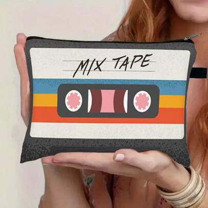 1 Pc Classic 1979 Cassette Tape Design Cosmetic Bag - Durable Polyester Material, Women's Travel Makeup Organizer, Zipper Closure Makeup Pouch, Casual Stylish, Hand Wash, Fade-Resistant, Super Portable
