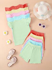 10pcs/Set Girls' Casual Solid Color Knit Fabric Top Paired With Versatile Solid Color Shorts Set, Spring/Summer - Multicolor - View 2