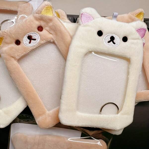 New Cute Bear Head Transparent Card Holder Plush Keychain Campus Card Idol Photo Card Bag ID Photo Storage Protective Case
