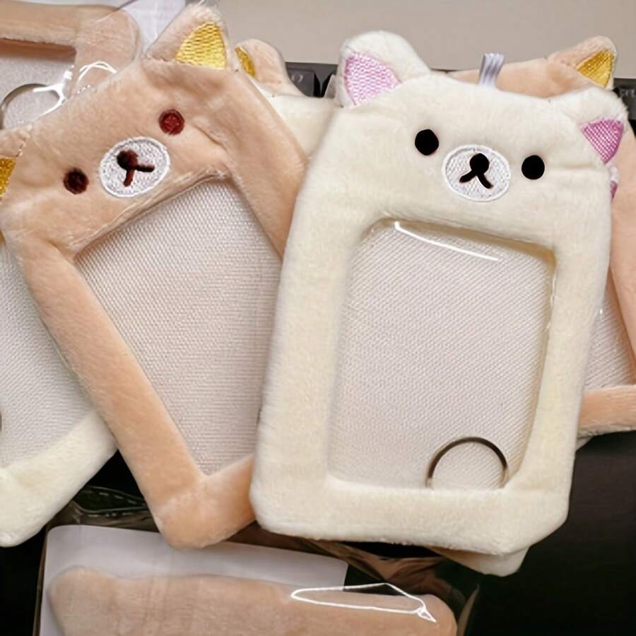 New Cute Bear Head Transparent Card Holder Plush Keychain Campus Card Idol Photo Card Bag ID Photo Storage Protective Case - 米色小熊卡 - 查看 1