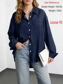 Áo sơ mi dài tay dáng rộng thoải mái dành cho nữ, phù hợp để đi làm và đi chơi, mùa xuân/thu - Màu xanh hải quân - Xem 3