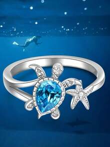 Nhẫn bạc Sterling hình rùa và sao biển màu xanh dương, kiểu dáng hở, có thể điều chỉnh kích cỡ, trang sức chủ đề đại dương dễ thương, phong cách bãi biển mùa hè, thiết kế đơn giản. - vòng rùa - Xem 4