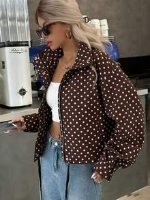 Chaqueta bomber de mujer casual y elegante con lunares azules para vacaciones, chaqueta exterior corta y con estilo, moda callejera Y2K, adecuada para vacaciones y deportes - Marrón - Ver 4