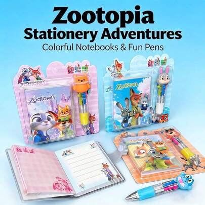  MINISO Zootopia Mini Notebook Set, Includes Mini Multi-Color Pens And Figurine, Cartoon Theme Design, Portable And Practical, Suitable For Study And Daily Use, Perfect Gift For Family And Friends On Birthday, Christmas, Back To School