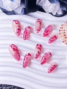 10pcs Handmade Rose Red & White Asymmetrical Gradient Painted Almond Shaped Nail Art Stickers, Eye-Catching Yet Subtle, Minimalist, Fashionable & Elegant Design, Perfect For Girls & Women, Suitable For Parties, Gatherings, Dates, Easy To Apply And Remove As Nail Decoration - Hot Pink - View 3