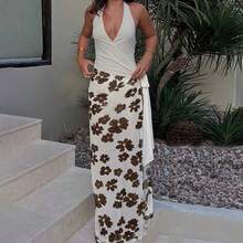 Summer Party Gown Attire Y2K Halter V Neck Floral Print And Chic Spaghetti Strap Long Dress - 米白色 - 查看 10