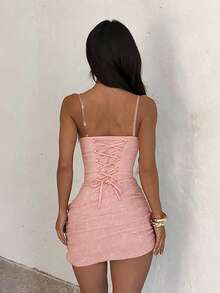 1 pieza Vestido elegante sin tirantes tejido en rosa, vestido ajustado con patchwork brillante y dobladillo asimétrico, adecuado para verano, cumpleaños, baile de graduación, graduación, cita, salida - Rosa - Ver 4