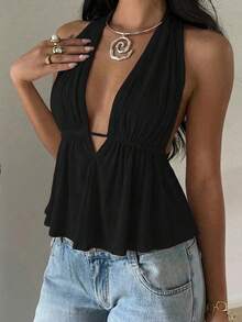 Sexy Fashionable Deep V-Neck Spaghetti Strap Tie Design Backless Camisole, New Arrival Spring/Summer Casual Black - Black - View 4