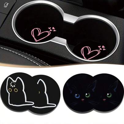 1 Set Of 2 Cartoon Cat Animal Car Cup Holder Pads, Universal Compatible, Made Of Natural Rubber Bottom Anti Slip Polyester Back, Washable Weight Of 15 Grams, 2.8-Inch Absorbent Knitted Fabric, Cute Cartoon Storage Pad, Used For Vehicle Interior