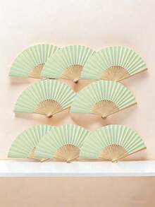 1/5/8pcs Plain Bamboo Folding Fans, Portable Hand Held Small Fans For Travel, Outdoor, Hiking, Daily Life, Gifts For Family, Friends, Couples (Paper Fan + Organza Bag),Summer,Holiday - Light Green - View 2