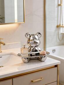 1 pieza Estatua de oso de cerámica abstracta con bandeja para almacenamiento, organizador de llaves y cosméticos, con hucha. Estatua decorativa para estantería. Mejor regalo - Plateado - Ver 4