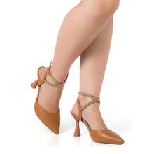 Di Valerina Formal Pumps With Rhinestone Straps, High Thin Heel, Elegant, - Camel - View 2