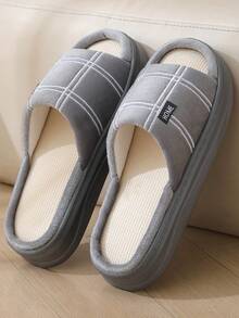 1 Pair Plaid Casual Linen Letter Print Slippers, Comfortable For Home, Party, All Seasons - Grey - View 2