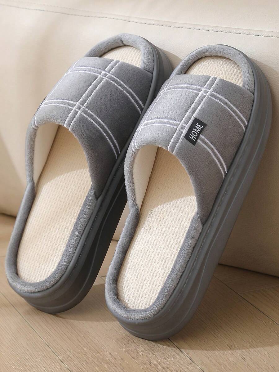 1 Pair Plaid Casual Linen Letter Print Slippers, Comfortable For Home, Party, All Seasons