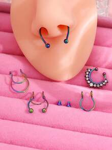 5件套混搭款式假鼻环套装，不锈钢假鼻环鼻中隔耳环，时尚螺旋免穿孔设计 - 5pcs - 查看 7
