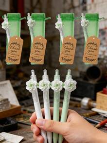 15pcs Green Jasmine Flower Theme Wedding Birthday Gift Pen Set, Including Transparent Gift Bag And "Thank You" Tag. Suitable For Student Stationery, Back To School Gifts, Party Favors, Small Item Storage And Holiday Gifts. Bridesmaid Gift - A - View 7