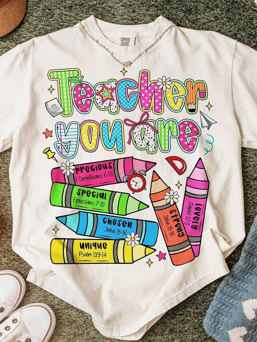 Women's 'Teacher You Are' Inspirational Cotton Tee, Short Sleeve Round Neck Regular Fit T-Shirt, Perfect For Back To School - White - View 1