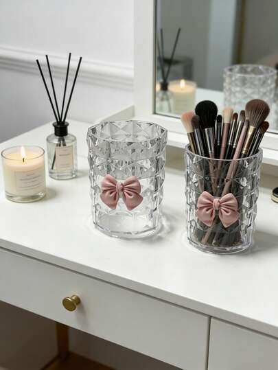1pc Transparent Acrylic Makeup Brush Holder + Bow Decor, Creative Cosmetic Storage Bucket, Lipstick & Pen Organizer Box, Desktop Decorative Makeup Storage Case