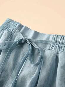 Women's Casual Linen Elastic Waist Pocket Shorts, Suitable For Spring And Summer Vacation - Baby Blue - View 4