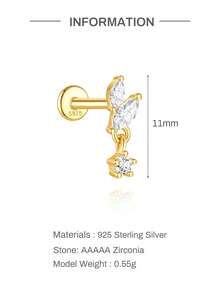 EleRunis 1件925纯银马眼形平底耳骨耳钉，适合日常佩戴、婚礼、派对、订婚、周年纪念、情人节等场合。 - 金色 - 查看 7