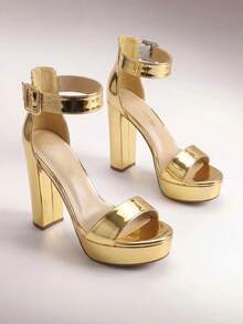 Women 4.5-Inch Chunky High Heel Sandals Fashion Open Toe Ankle Strap With Buckle Adjust Ultra High Heel Sandals, Perfect For Party, Wedding, Prom Night, Spring Summer Outfits - Gold - View 1