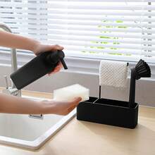 4-In-1 Kitchen Soap Dispenser Set - Soap Dispenser, Brush, Sponge Holder, Towel Rack (Striped Black) - 4-in-1 Black Stripes - View 2
