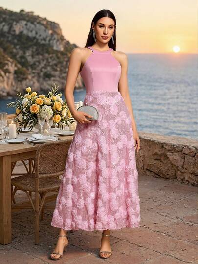 Damen Sommer ärmelloses 3D Blumen Pailletten Dekor A-Linie Kleid, luxuriöses elegantes Partykleid, geeignet für Feiertage, Urlaub, Hochzeitsgäste, Geburtstags-Cocktail, Abschlussfeier
