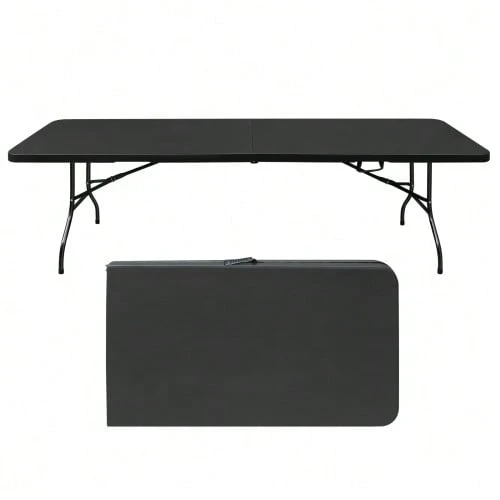 244cm Portable Heavy Duty Folding Table With Handle, Foldable Table, Multi-Functional Fold Up Table For Camping Picnic Parties Indoor/Outdoor, Capacity Weight 135KG (Black) - Black - View 1