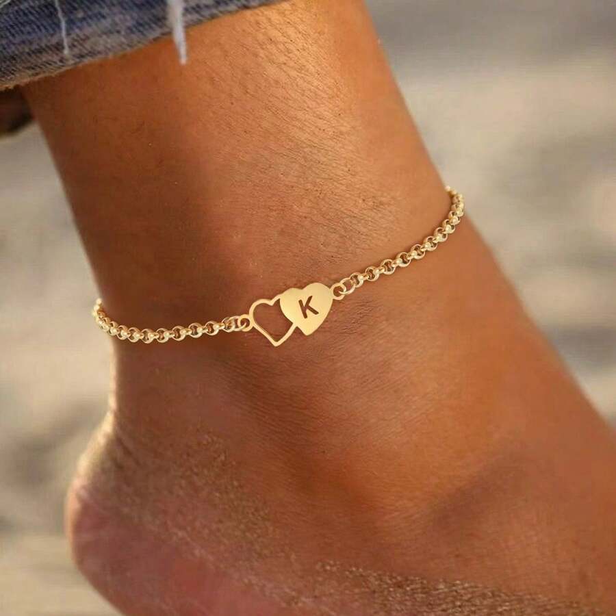 1 buah Gelang Kaki Wanita Minimalis Klasik Berongga Bentuk Hati Ganda dengan Huruf Emas dari Baja Tahan Karat - Yellow Gold - View 1