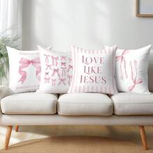 4pcs Minimalist Pink Bow Decorative Pillow Case Set, Single-Sided Printed Soft Peach Velvet Material, 45*45CM Cushion Cover Suitable For Indoor Decor, Party Decoration, Decorative Pillow Gift - Multicolor - View 6