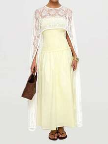Women's Lace Long Poncho Fashionable Elegant Lightweight Solid Color Shawl Wrap for Evening Party - Blanco - Ver 4