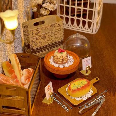 Bộ mô hình tiệm bánh thu nhỏ tỷ lệ 1:12, phụ kiện thực phẩm cho nhà búp bê, bao gồm bánh mì baguette tinh tế, giỏ bánh mì, đĩa trưng bày, kẹp bánh ngọt và biển hiệu cửa hàng cổ điển, trang trí nhà bếp mini chân thực cho nhà búp bê.
