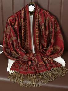 1pc Women's Floral & Bird Paisley Jacquard Scarf, Classic Retro Elegant Boho Style Fashionable Flowers And Plants Casual Versatile Jacquard Scarf, Suitable For Outfits Veiled Clothes,Abayas Accessories Soft Hijab - 酒紅色 - 查看 5