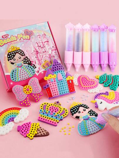 Juego de manualidades con cuentas para niños, juego de arte y mosaico con cuentas, juegos de concentración, pintura de diamantes DIY, kit de manualidades con cuentas de colores y plantillas divertidas, actividades de manualidades creativas para niños y niñas (colores de accesorios aleatorios)