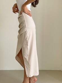 ARA CHIC Women's Apricot Pleated Waist Slit Fitted Mid-Length Dress, Suitable For Work, Dates And Vacation, New Spring/Summer Collection - Beige - View 4