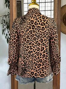 Women's Spring/Summer Leopard Print Single-Breasted Loose Long Sleeve Blouse With Bell Sleeves - Brown - View 4