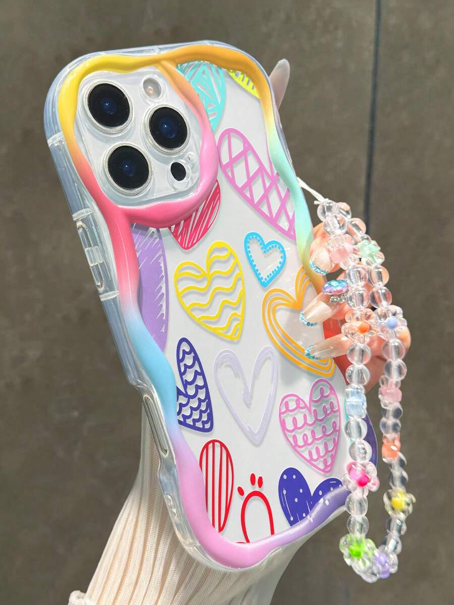 心形彩绘平纹印花奶油色波浪边可拆卸手链简约防震加厚手机保护壳，兼容 17/17 Pro/17 Pro Max/16 XR/7/8 15 Pro Max/12 Pro Max/13 Pro Max/14 Pro Max 13 14 11 12P 14 P11软壳 P12防摔 XS.XR/78P.78GES2，适用于A134G A22 A21S A514G A52 S22 Ultra A335G, A34 A35，适用于10 Note 114G 11 Lite A53 TPU A14/A23/S23 Ultra S24 A14 A15 S23 A73 A55 A54手机壳，国际版，非国内版 - 彩色 - 查看 1