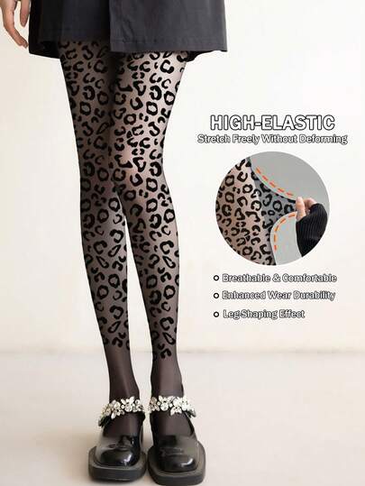 1-Pack Printed Leopard Print Pantyhose, Women's Sexy Wild Black Stockings, Sheer Thin Base Stockings, Versatile Socks For Nightclub Parties