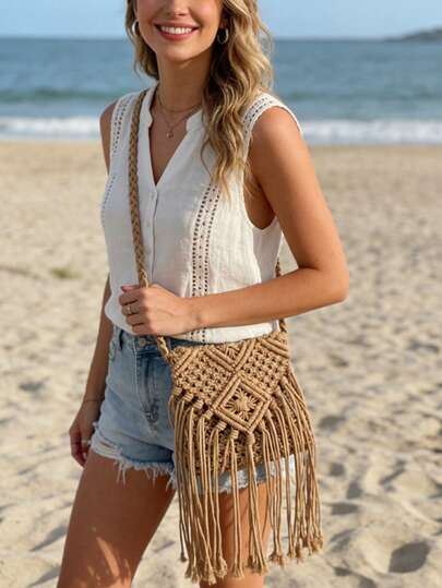 Handmade Bohemian Knitted Crossbody Bag | Women's Summer Beach Handbag, Vintage Straw Woven Tote Bag, Boho Style Shoulder Bag, Fashion Straw Handbag - Lightweight, Handmade, Multifunctional, Suitable For Beach And Summer Outings, Knitted Fabric Beach Bag With Tassel Decor, Geometric Design, Lightweight And Stylish, Beach Bag