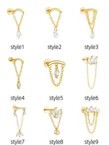 1 pieza Pendiente de oreja tipo cuff de plata de ley 925 con cadena y pendiente de diamante, pendiente para cartílago de la oreja, pendiente para lóbulo de la oreja, pendiente tipo cuff para mujeres - Dorado - Ver 18