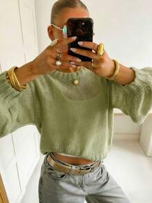 Women's Green Wool-Feel Pullover Sweater, Long Sleeve Semi-Sheer Knit Top, Slightly Stretchy, Regular Length, Essential For Spring/Summer, Casual Wear, Vacation Outfit - Pistachio Green - View 3