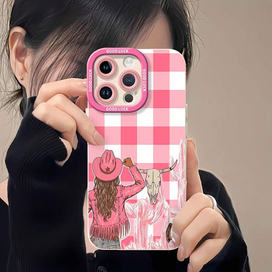 Funda para teléfono a cuadros rosa estilo vaquera, compatible con teléfonos 17, 16 Pro Max, 15 Pro Max, 13 y 12. Fabricada en TPU, mejora la protección de la lente y presenta un elegante diseño estilo western que proporciona una protección integral contra golpes y caídas con una apariencia moderna y sofisticada. Regalo perfecto para familiares, amigos, seres queridos, novios, novias y aniversarios. - Blanco - Ver 1
