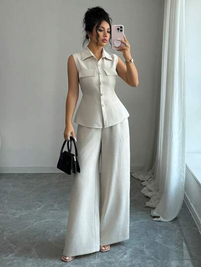 Bộ đồ hai mảnh LilyHouse màu trắng yến mạch, chất liệu dệt kim, không tay, có cổ, gồm áo vest cài nút phía trước và quần ống rộng, nhẹ nhàng, thích hợp cho kỳ nghỉ, dã ngoại và hoạt động ngoài trời.