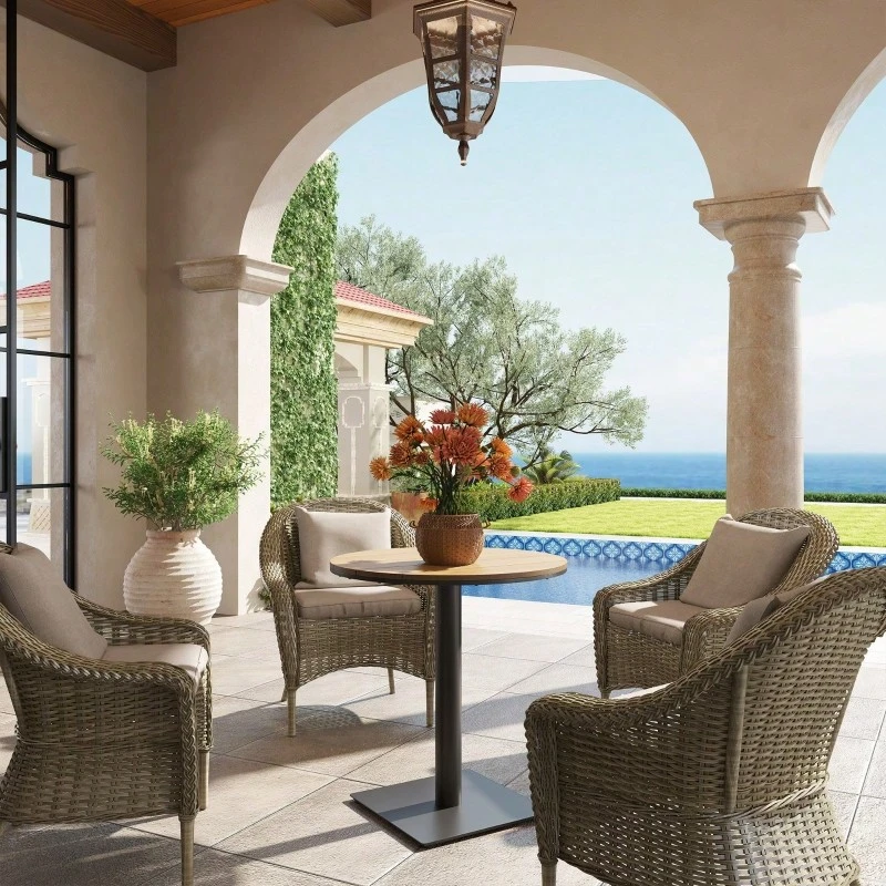 Garden Table Ø70 Cm, Weather-Resistant Round Balcony Table With Slatted Design, Steel Ø70 X 74H Cm Natural Wood - Wood Color - View 1