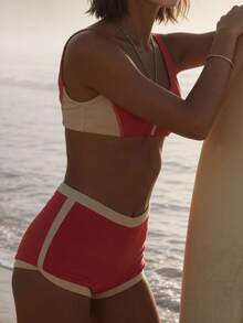Women's 2 Piece Swimsuits Contrast Color High Waisted Bikini Set Summer Bathing Suits - Red - View 4