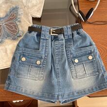 Kids Young Girls Butterfly Patch Short Sleeved T-Shirt+Denim Skirt Two-Piece Set - Grey - View 5