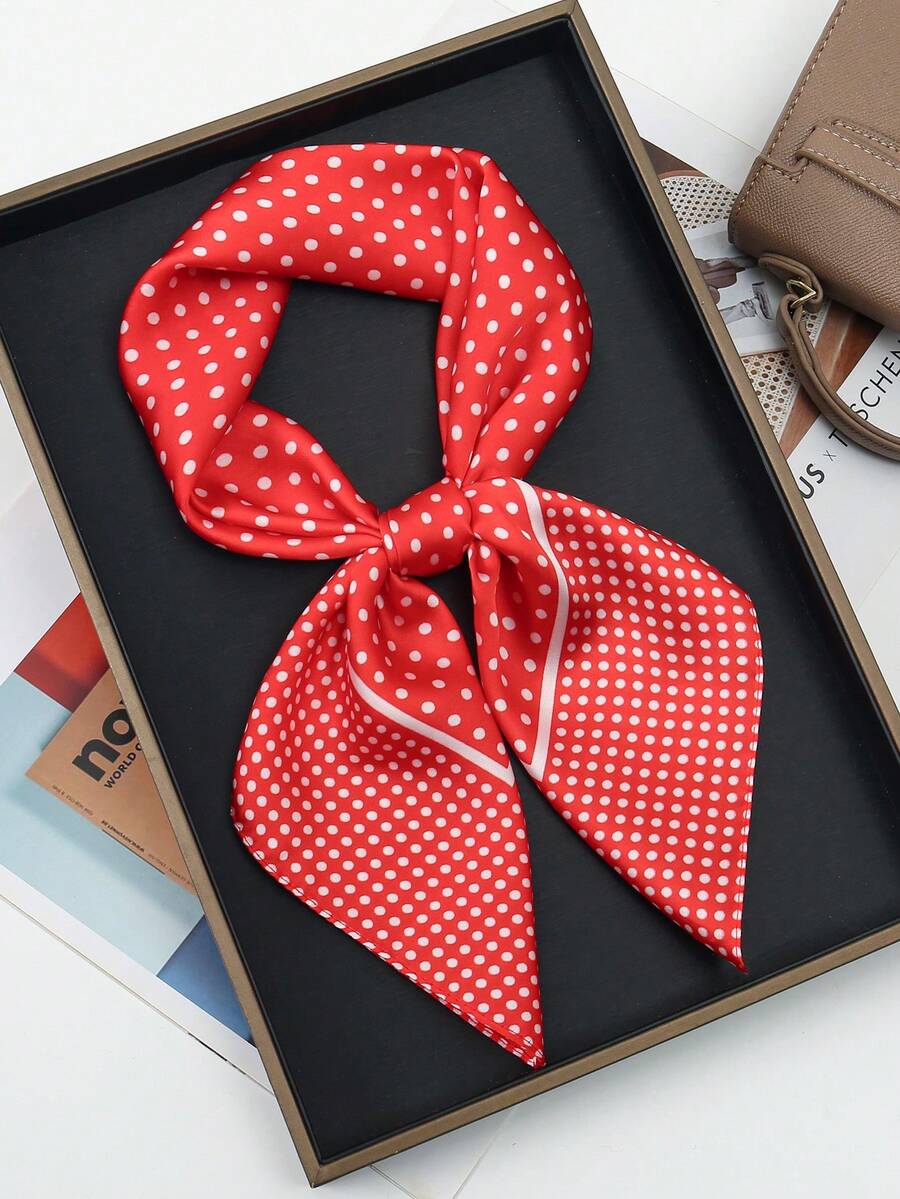 1 pieza Pañuelo cuadrado, accesorio de diadema para mujeres y niñas, pañuelo, pañuelo de cuello, diadema, pañuelo estampado de moda, adecuado para combinar con vestidos, playa, vacaciones, accesorios, esencial de viaje - lunares rojos - Ver 1