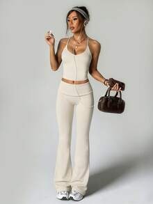 女士休闲运动两件套，吊带上衣和喇叭裤 - 白色 - 查看 6